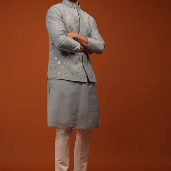 BRAND NEW Harbor Grey Nehru Jacket And Kurta Set In Art Silk KALKI Size M/38 - Picture 4 of 7